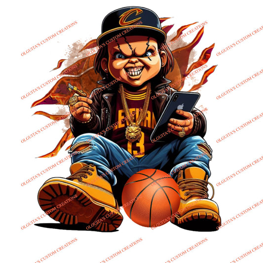 CHUCKY WITH CLEVELAND CAVALIERS JERSEY AND HAT PNG/JPEG/SUBLIMATION